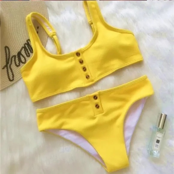 CLEARANCE Yellow Ribbed Button Up Bikini Swimsuit - Picture 2 of 3